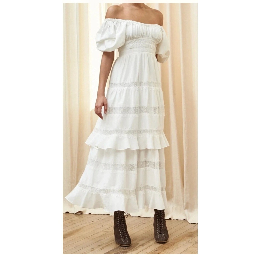 La Ligne Marguerite Dress S White Lace Tiered Puff Sleeve Maxi